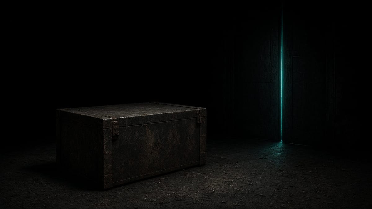 A closed dark crate on a black floor beside a door marked only by a thin vertical turquoise slit of light.