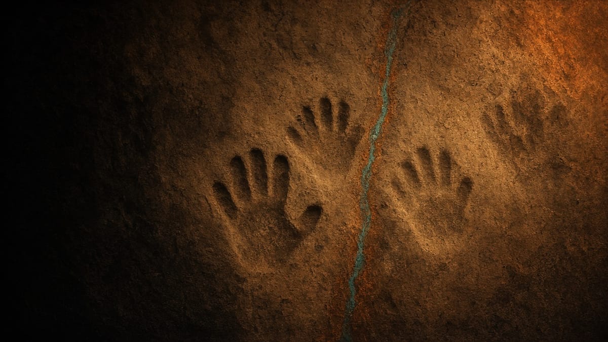 Two ochre hand-shaped absences in sandstone, divided by a thin turquoise mineral vein.