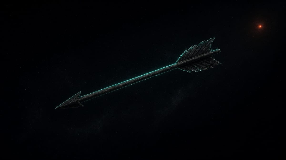 A single weathered arrow in flight on a black star field, turquoise edge-light, and a distant orange ember.