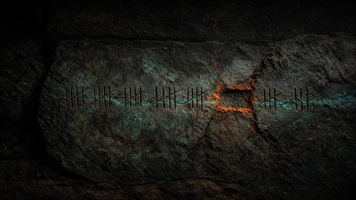 Dark mineral stone incised with tally marks; one interval is an empty rust-edged slot.
