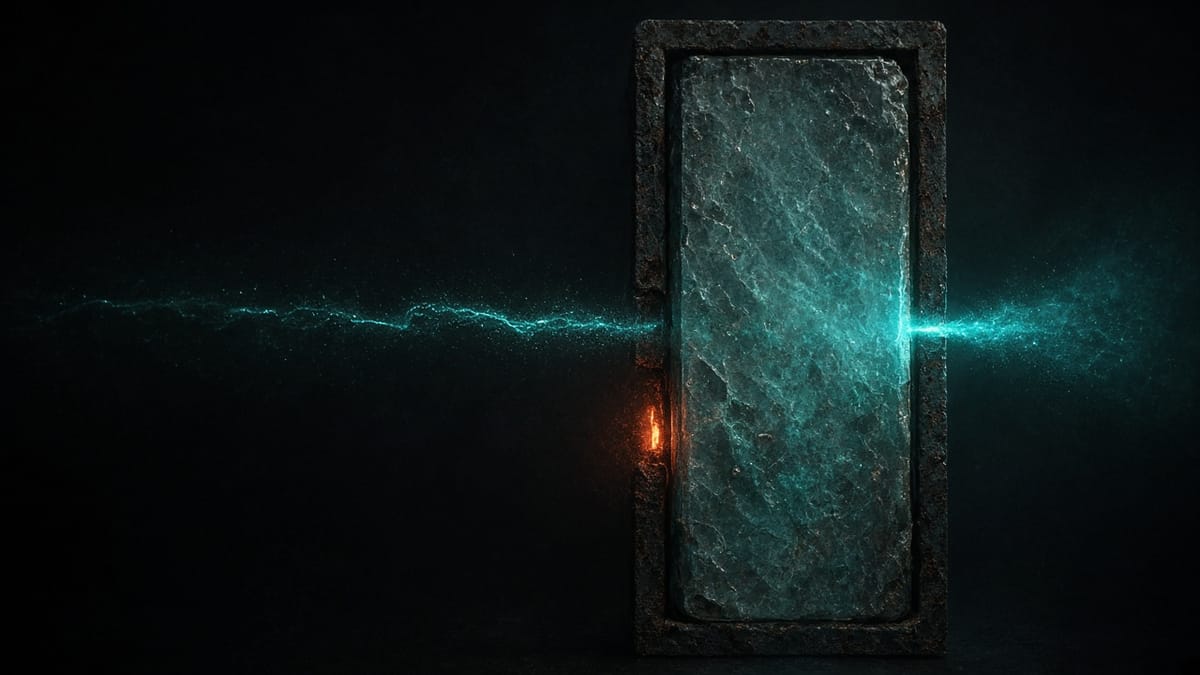 A dark mineral slab in a rusted frame; a turquoise filament of light passes through it, with a small orange ember on the frame.