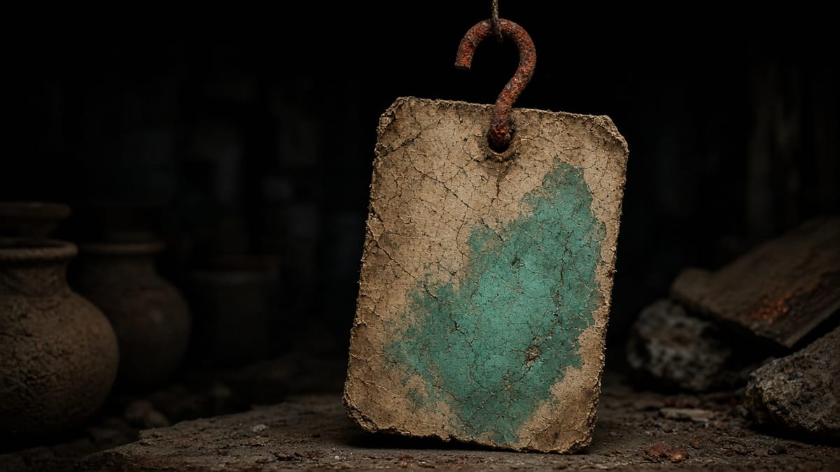 A blank cracked merchandise tag hanging from a rusted hook shaped like a question mark, with a turquoise stain on the tag.