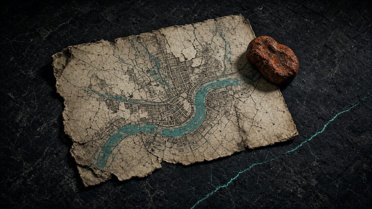 A cracked paper city map with a turquoise river, held by a rusted stone weight on dark stone.