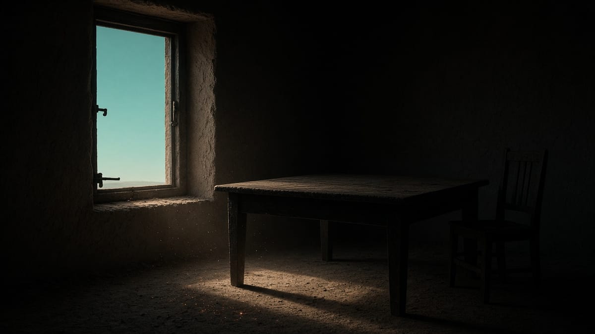 Dark room with an empty wooden table and chair; a small window shows pale turquoise sky and a pool of light on the floor.