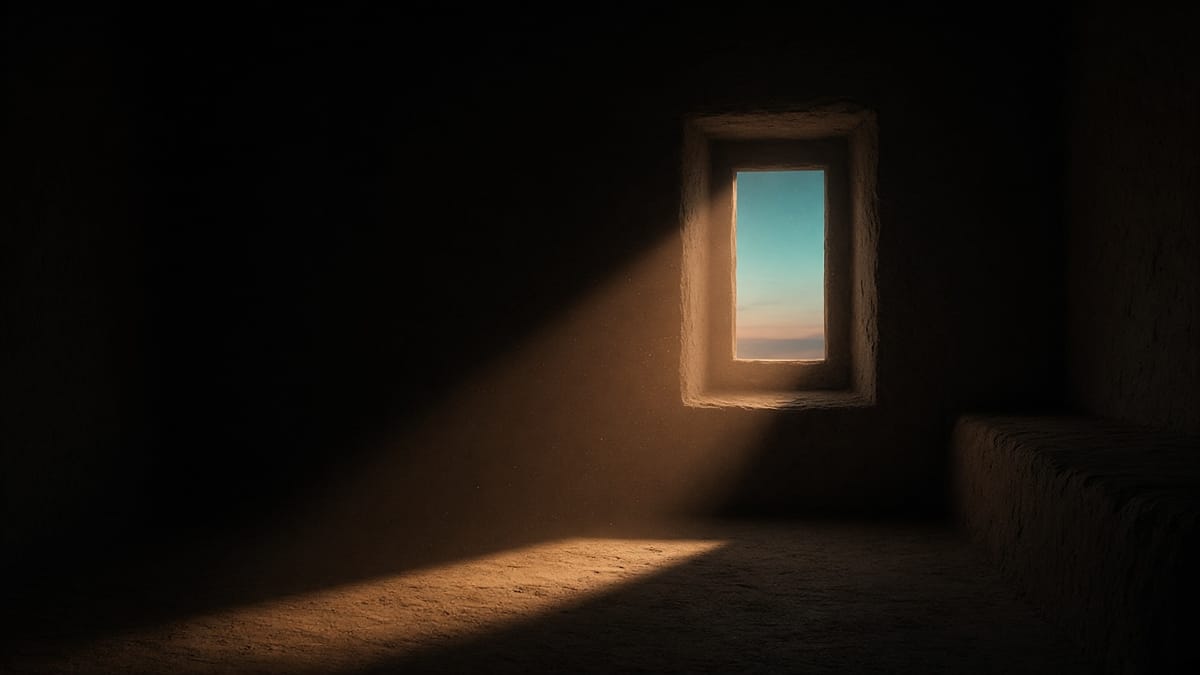 Dark adobe room; a small high window casts a cone of warm light across the floor, with a sliver of turquoise sky.