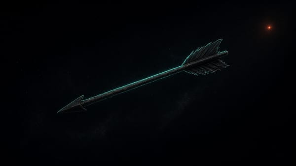A single weathered arrow in flight on a black star field, turquoise edge-light, and a distant orange ember.